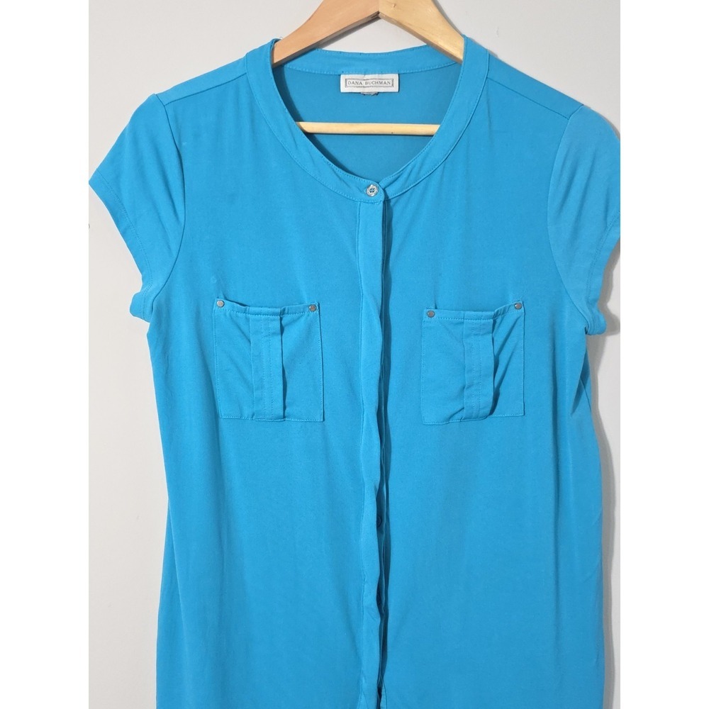 Dana Buchman Vintage 90s Turquoise Blouse Women L Stretch Casual Chic - Picture 3 of 9